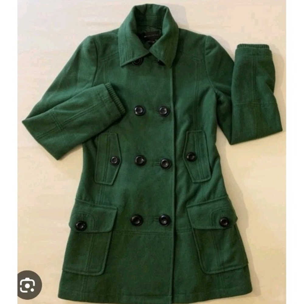 MNG Mango Green Pea Coat Jacket Wool Blend Womans Sz S Buttons Pockets Winter